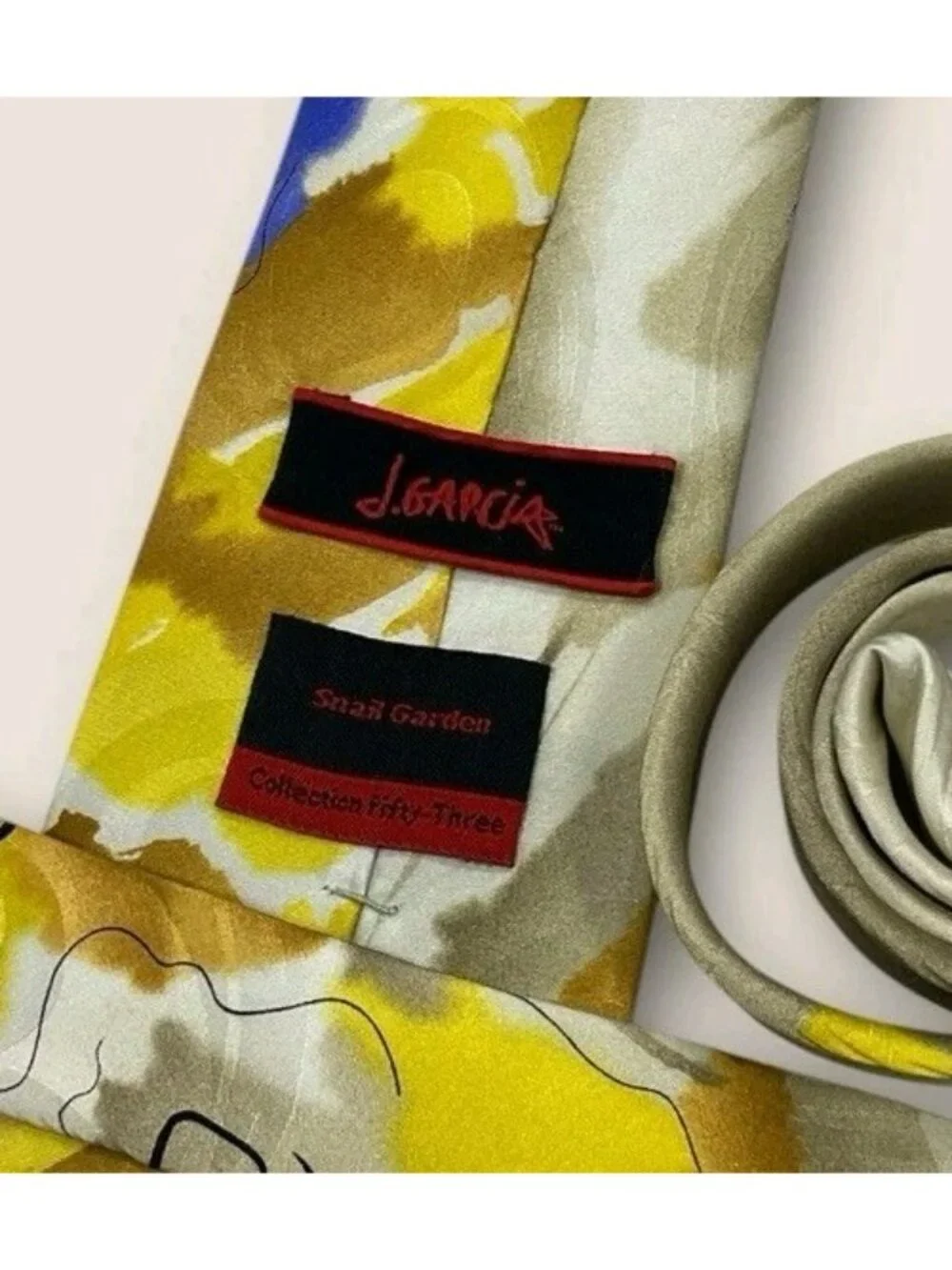 J. GARCIA Silk Tie XL Yellow Blue Brown Art W:3.7